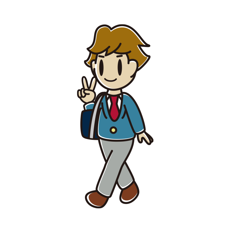 通学中にピースをする男子高校生のイラスト【色あり、背景なし】透過PNG