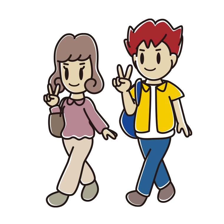 通学中にピースをする大学生のイラスト【色あり、背景なし】透過PNG