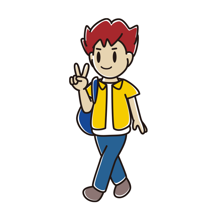 通学中にピースをする男子大学生のイラスト【色あり、背景なし】透過PNG