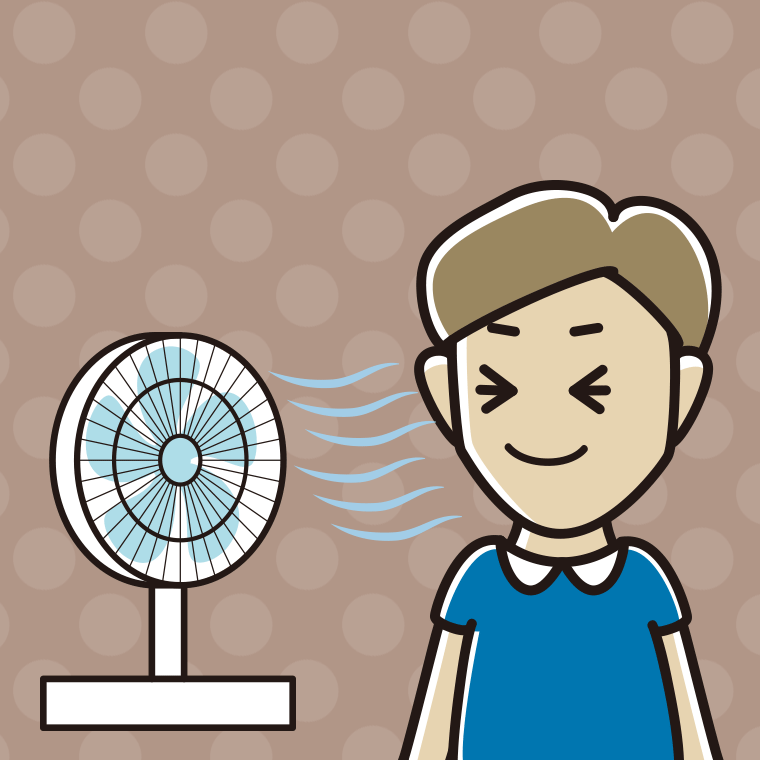 扇風機で涼む男性のイラスト【色、背景あり】PNG
