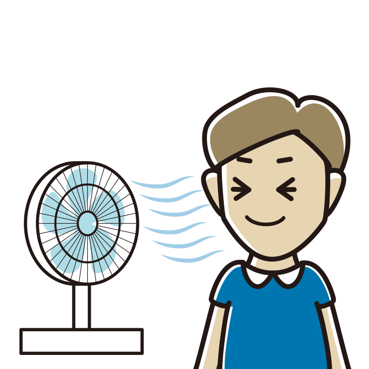 扇風機で涼む男性のイラスト【色あり、背景なし】透過PNG