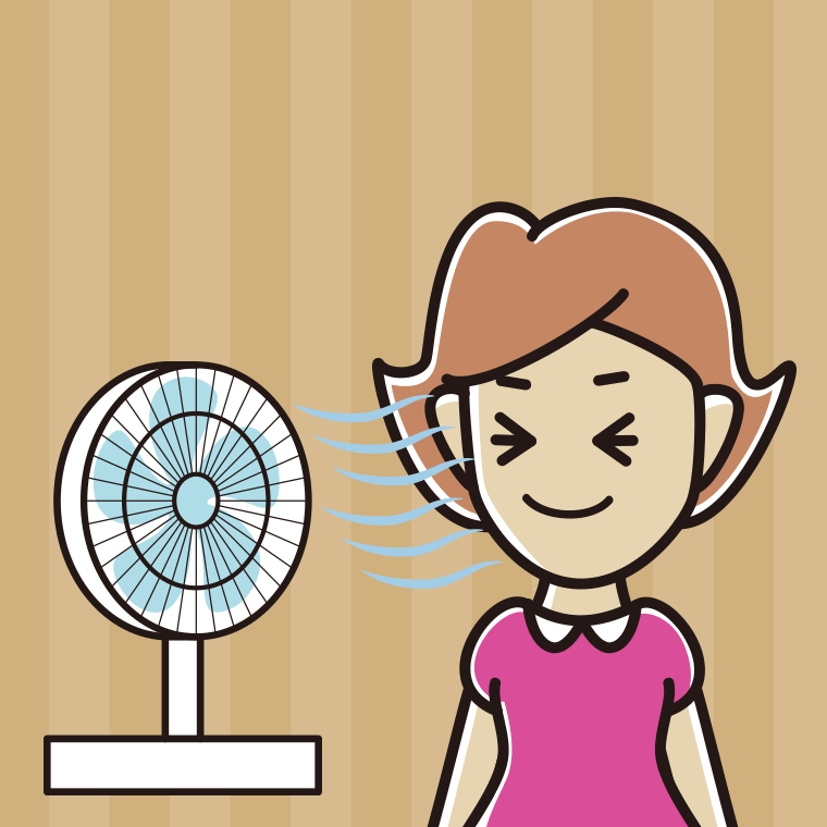 扇風機で涼む女性のイラスト【色、背景あり】PNG