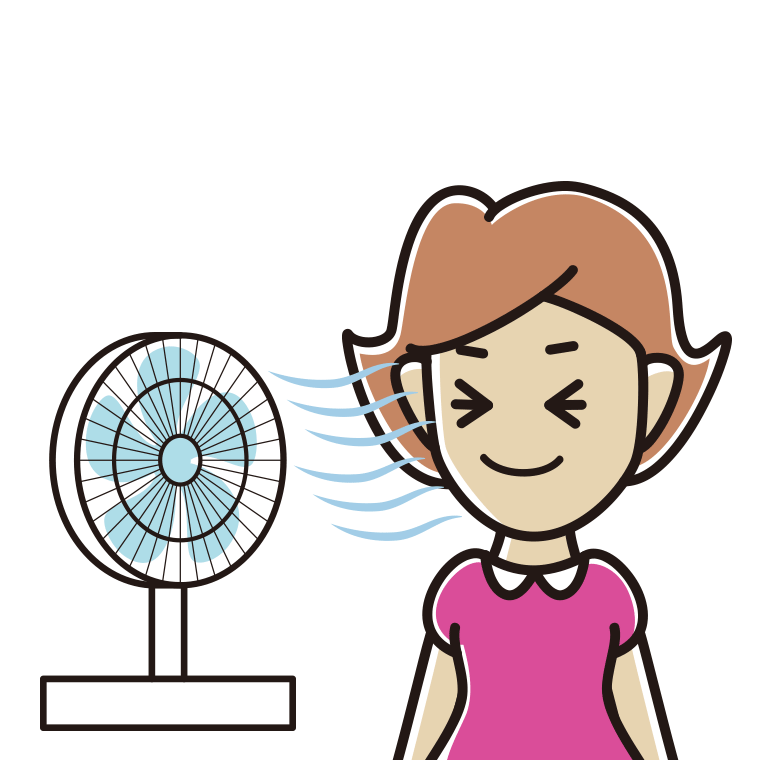 扇風機で涼む女性のイラスト【色あり、背景なし】透過PNG