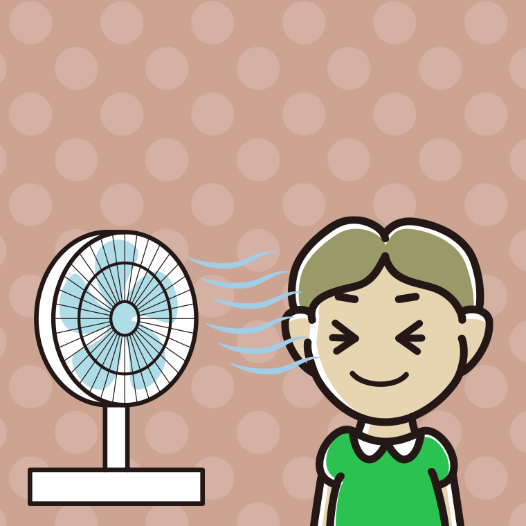 扇風機で涼む小学生男子のイラスト【色、背景あり】PNG