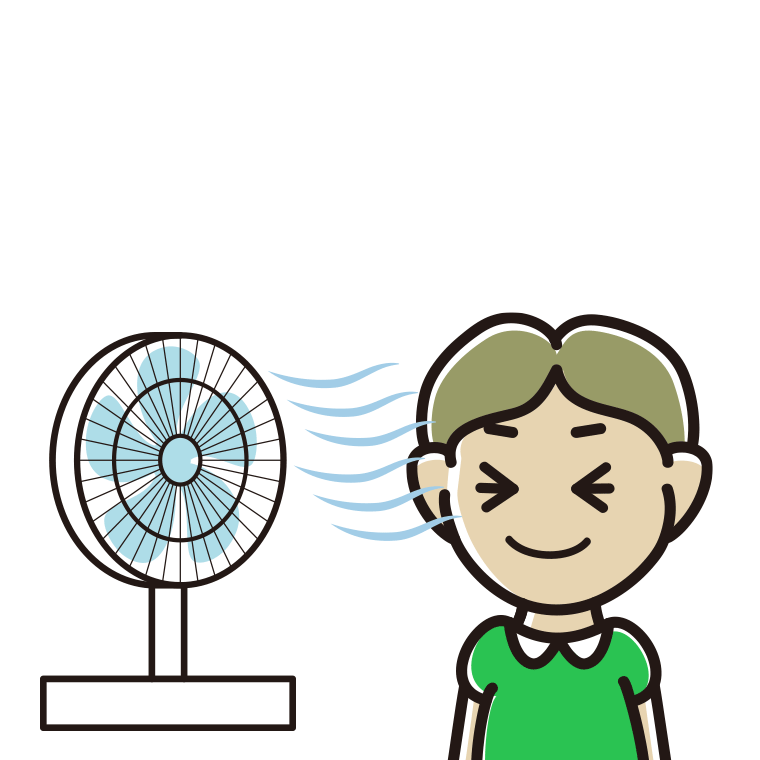 扇風機で涼む小学生男子のイラスト【色あり、背景なし】透過PNG