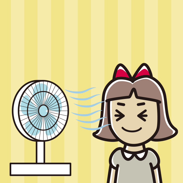 扇風機で涼む小学生女子のイラスト【色、背景あり】PNG
