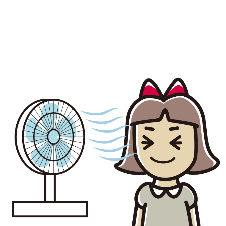 扇風機で涼む小学生女子のイラスト【色あり、背景なし】透過PNG