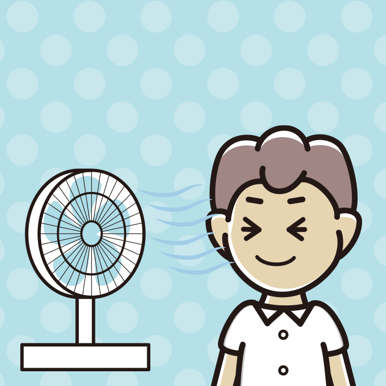 扇風機で涼む男子中学生のイラスト【色、背景あり】PNG