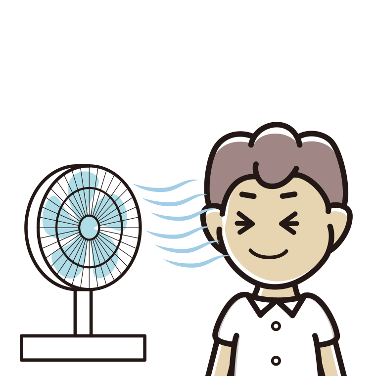扇風機で涼む男子中学生のイラスト【色あり、背景なし】透過PNG
