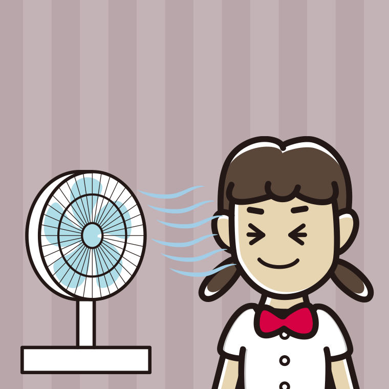 扇風機で涼む女子中学生のイラスト【色、背景あり】PNG