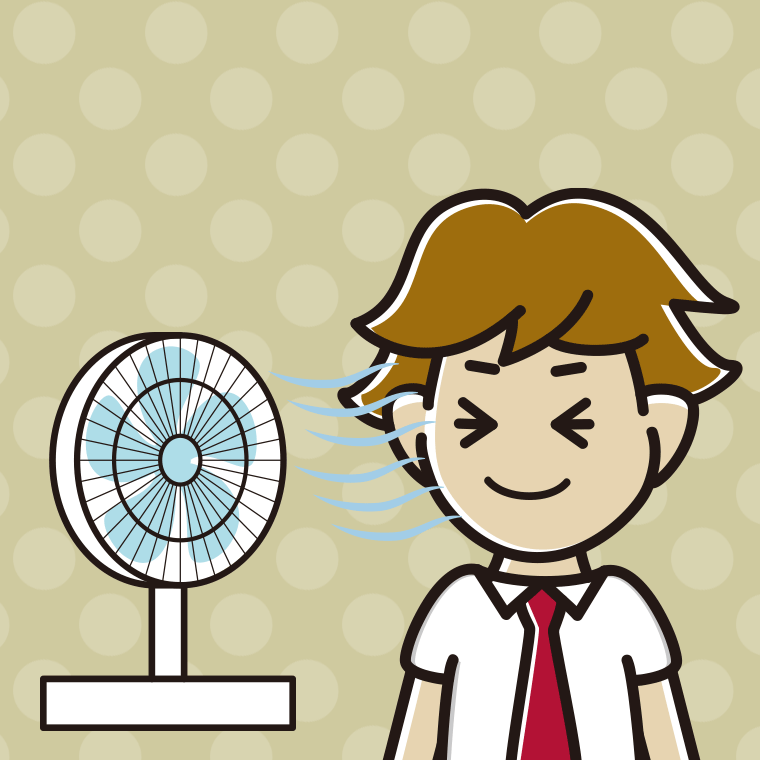 扇風機で涼む男子高校生のイラスト【色、背景あり】PNG