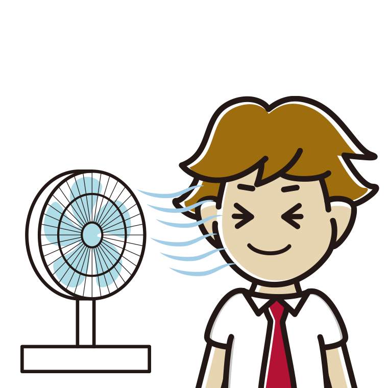 扇風機で涼む男子高校生のイラスト【色あり、背景なし】透過PNG