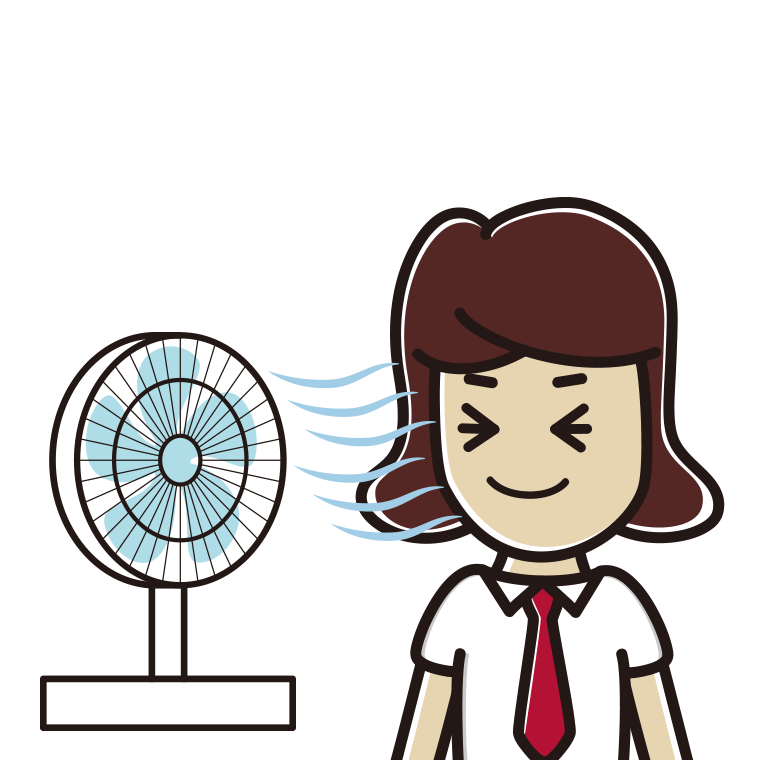 扇風機で涼む女子高校生のイラスト【色あり、背景なし】透過PNG