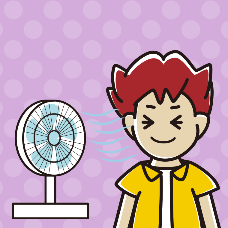 扇風機で涼む男子大学生のイラスト【色、背景あり】PNG