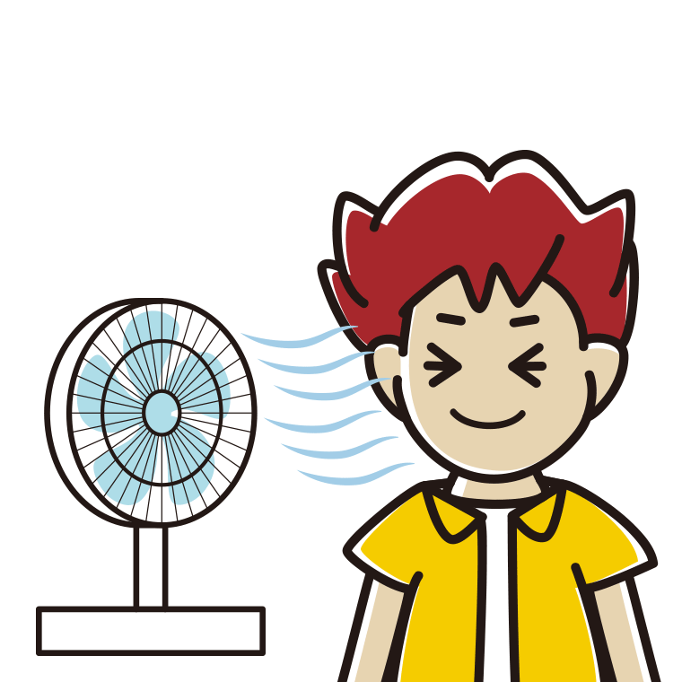 扇風機で涼む男子大学生のイラスト【色あり、背景なし】透過PNG