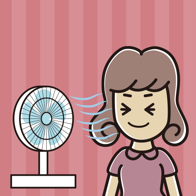 扇風機で涼む女子大学生のイラスト【色、背景あり】PNG
