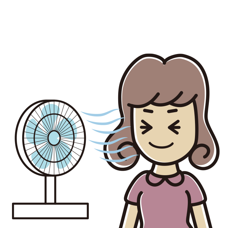 扇風機で涼む女子大学生のイラスト【色あり、背景なし】透過PNG