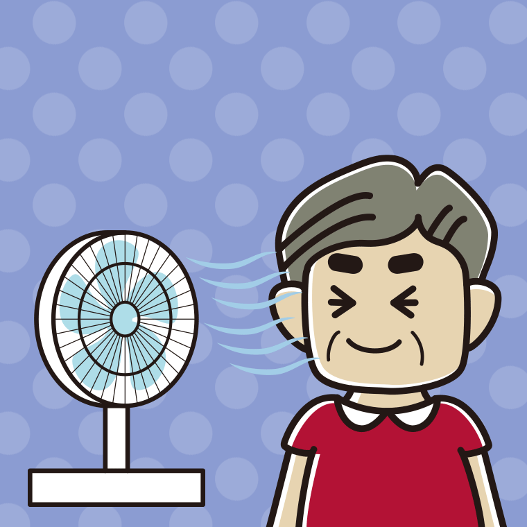 扇風機で涼むおじさんのイラスト【色、背景あり】PNG