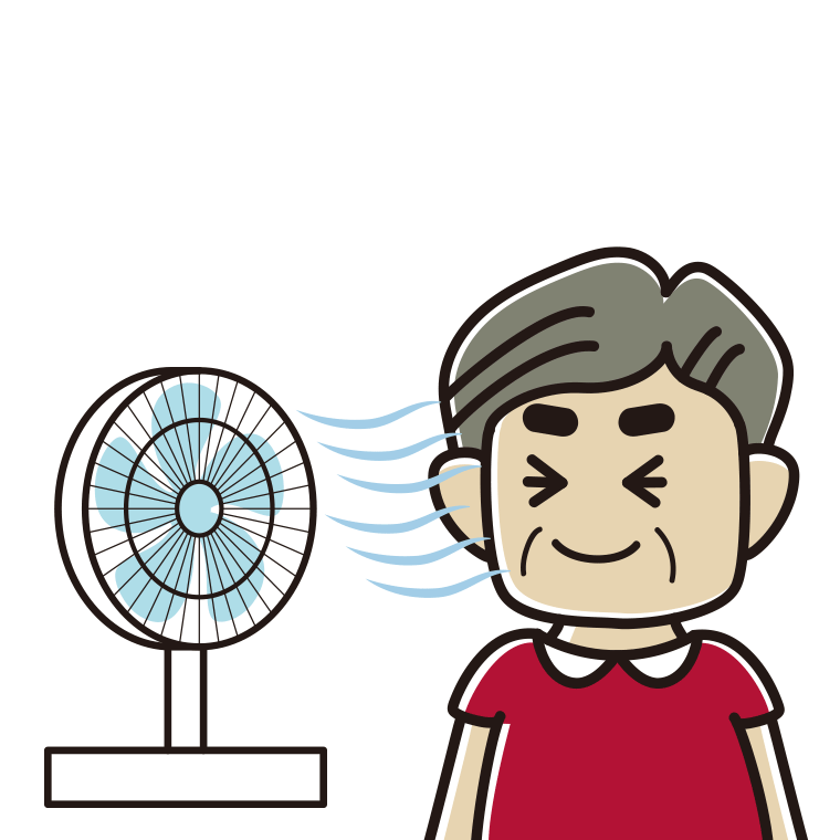 扇風機で涼むおじさんのイラスト【色あり、背景なし】透過PNG