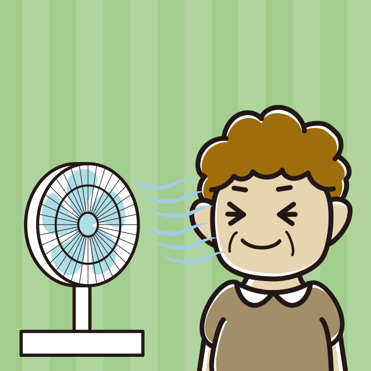 扇風機で涼むおばさんのイラスト【色、背景あり】PNG