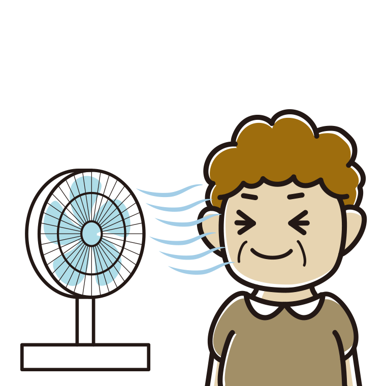 扇風機で涼むおばさんのイラスト【色あり、背景なし】透過PNG