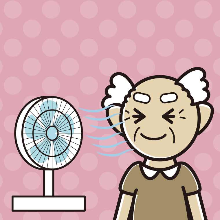 扇風機で涼むおじいさんのイラスト【色、背景あり】PNG