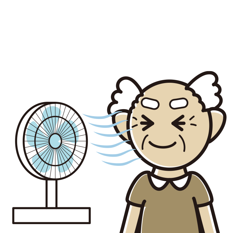 扇風機で涼むおじいさんのイラスト【色あり、背景なし】透過PNG