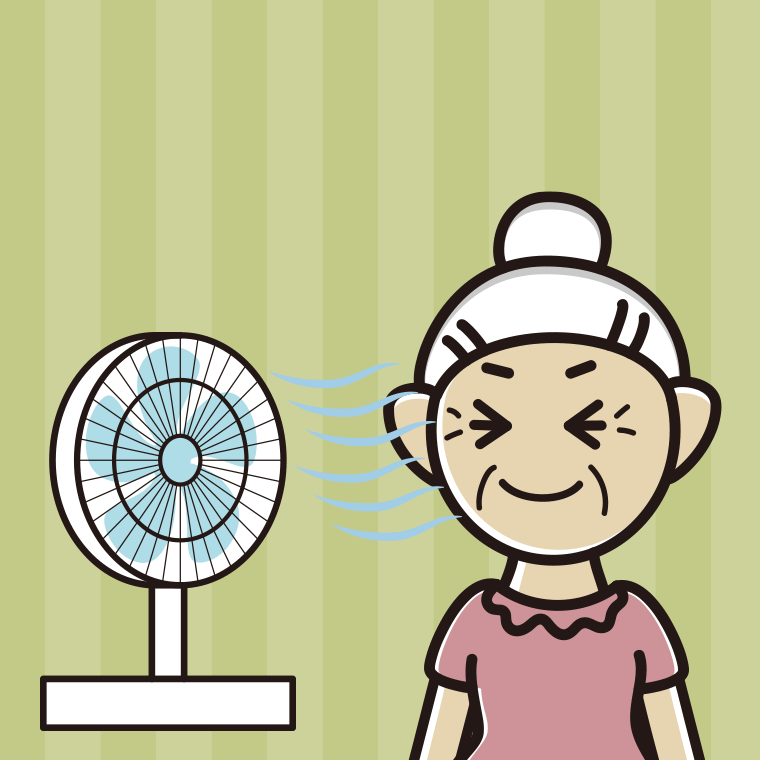 扇風機で涼むおばあさんのイラスト【色、背景あり】PNG
