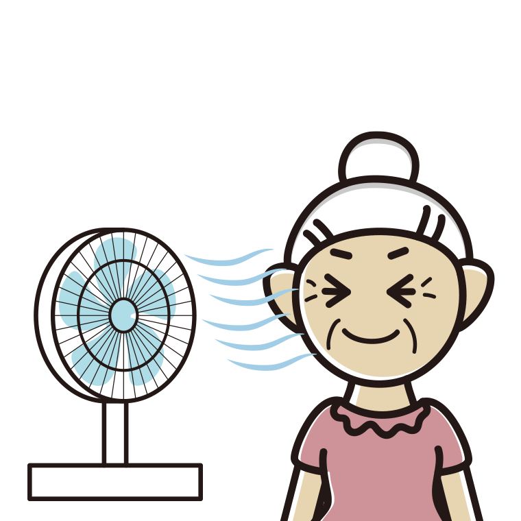 扇風機で涼むおばあさんのイラスト【色あり、背景なし】透過PNG
