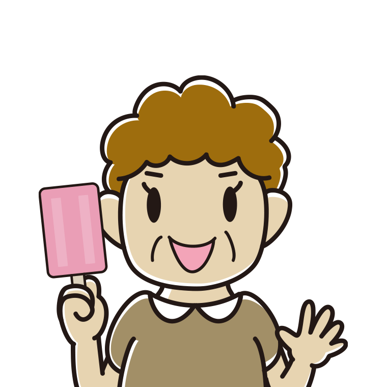 アイスを食べるおばさんのイラスト【色あり、背景なし】透過PNG