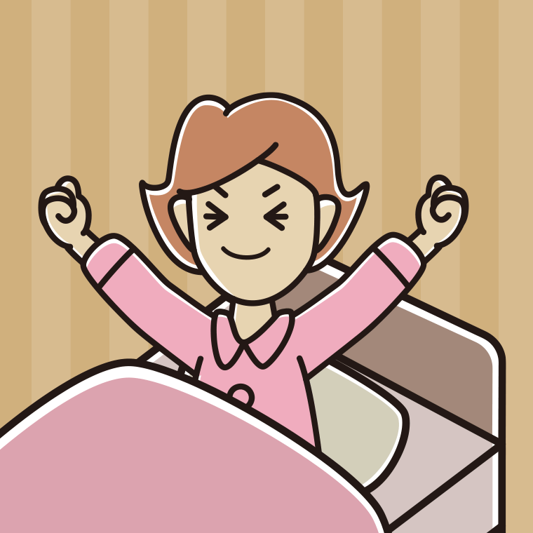 目覚めて伸びをする女性のイラスト【色、背景あり】PNG