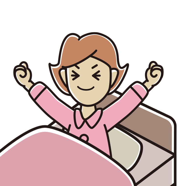 目覚めて伸びをする女性のイラスト【色あり、背景なし】透過PNG