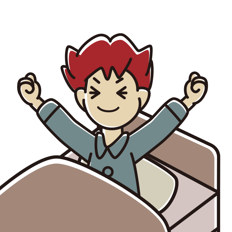 目覚めて伸びをする男子大学生のイラスト【色あり、背景なし】透過PNG