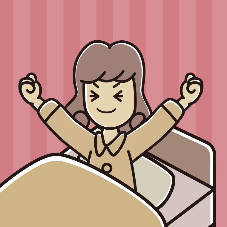 目覚めて伸びをする女子大学生のイラスト【色、背景あり】PNG