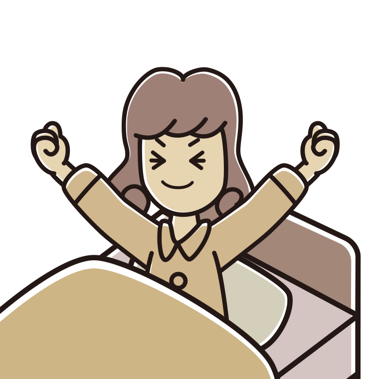 目覚めて伸びをする女子大学生のイラスト【色あり、背景なし】透過PNG