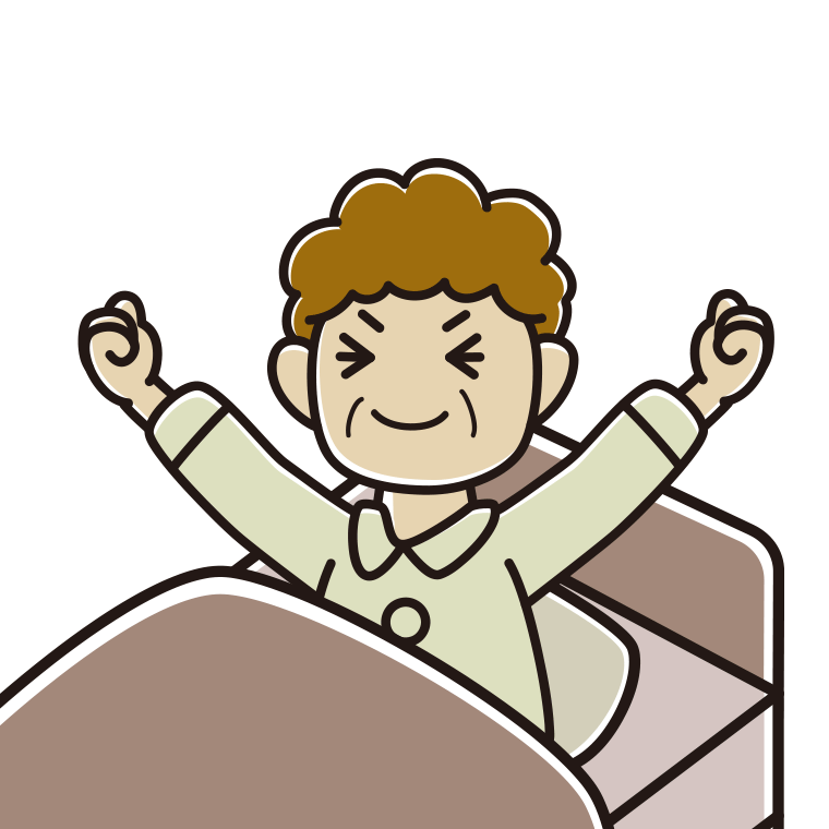 目覚めて伸びをするおばさんのイラスト【色あり、背景なし】透過PNG