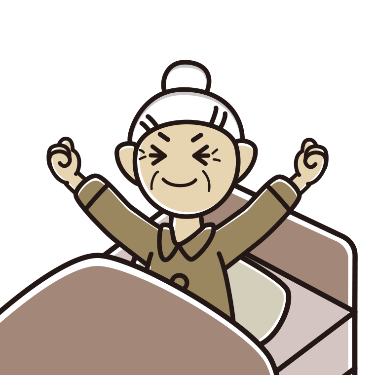 目覚めて伸びをするおばあさんのイラスト【色あり、背景なし】透過PNG