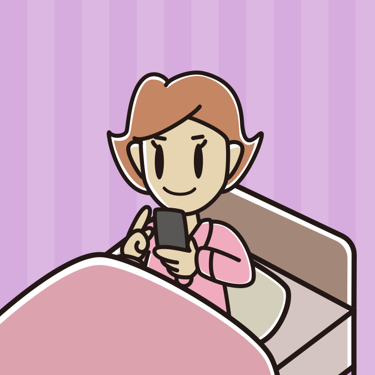 ベッドに座りスマホを使う女性のイラスト【色、背景あり】PNG