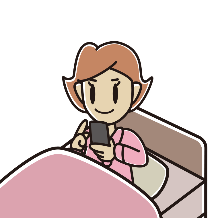 ベッドに座りスマホを使う女性のイラスト【色あり、背景なし】透過PNG