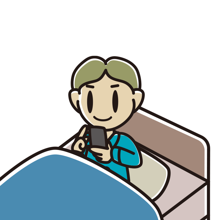 ベッドに座りスマホを使う小学生男子のイラスト【色あり、背景なし】透過PNG