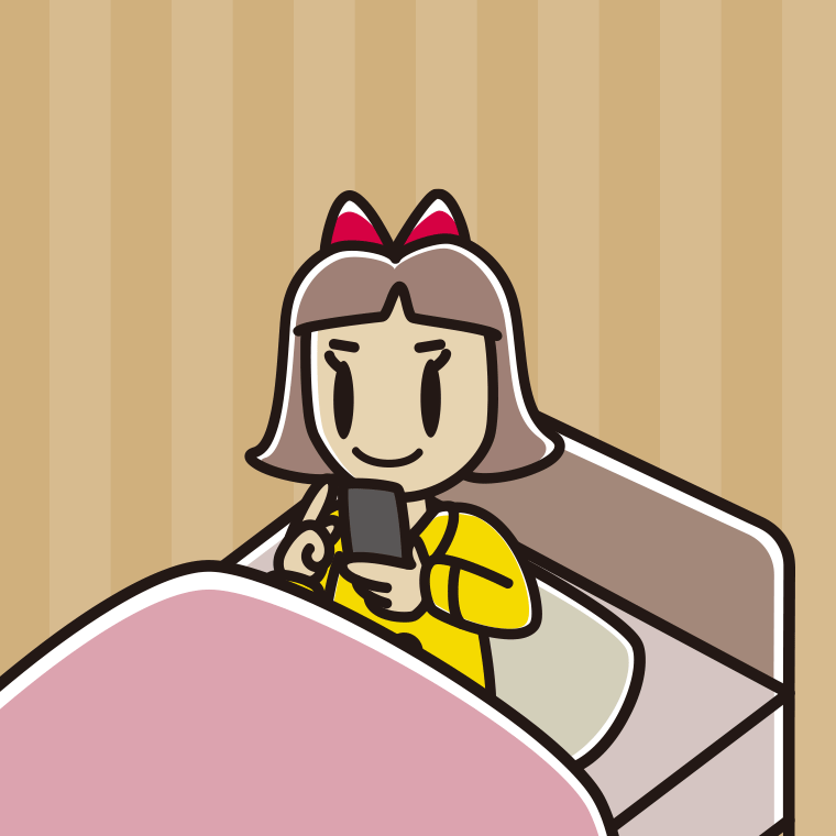ベッドに座りスマホを使う小学生女子のイラスト【色、背景あり】PNG