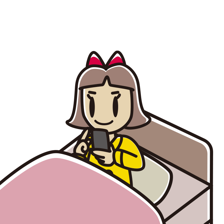 ベッドに座りスマホを使う小学生女子のイラスト【色あり、背景なし】透過PNG