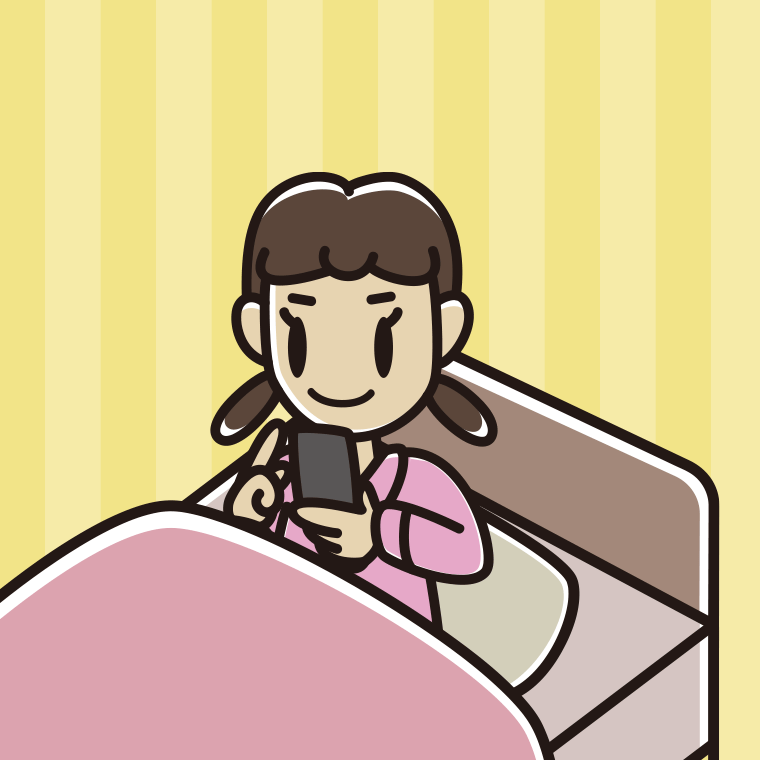 ベッドに座りスマホを使う女子中学生のイラスト【色、背景あり】PNG