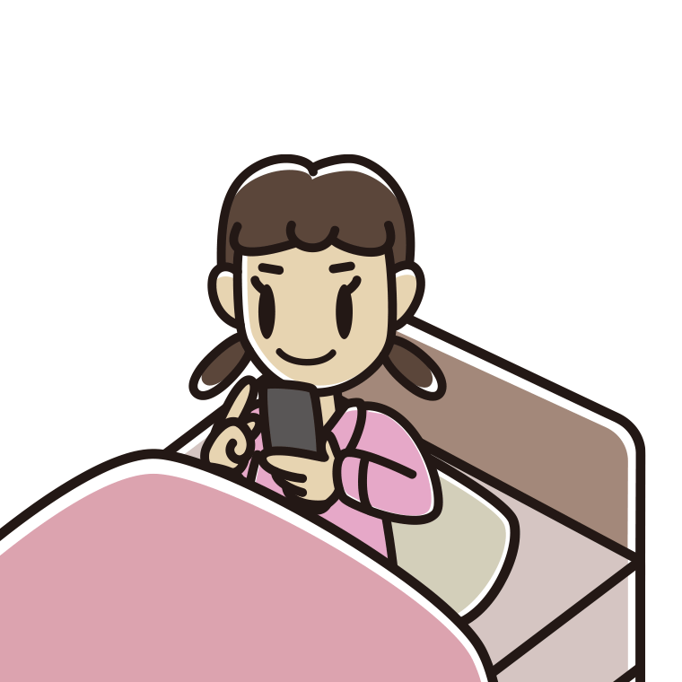 ベッドに座りスマホを使う女子中学生のイラスト【色あり、背景なし】透過PNG