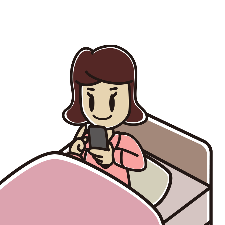 ベッドに座りスマホを使う女子高校生のイラスト【色あり、背景なし】透過PNG