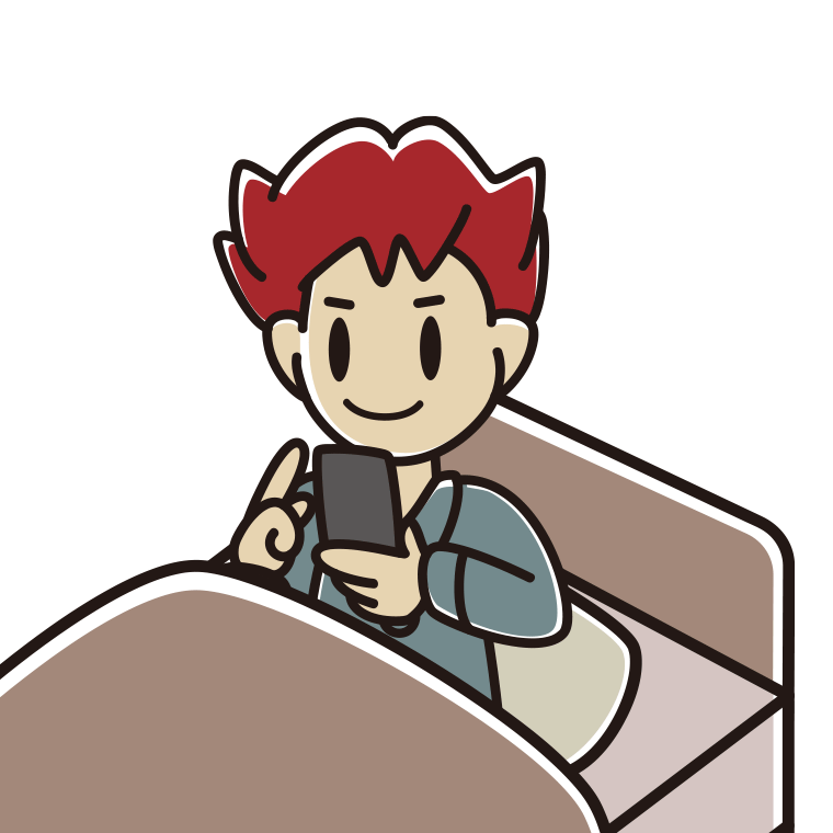 ベッドに座りスマホを使う男子大学生のイラスト【色あり、背景なし】透過PNG