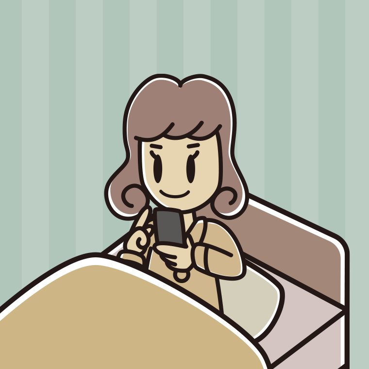 ベッドに座りスマホを使う女子大学生のイラスト【色、背景あり】PNG