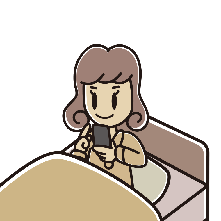 ベッドに座りスマホを使う女子大学生のイラスト【色あり、背景なし】透過PNG