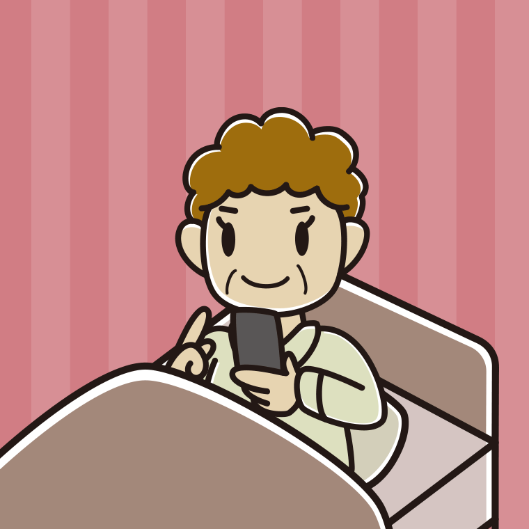 【フリー素材】ベッドに座りスマホを使うおばさんのイラスト