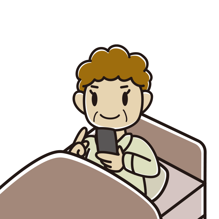 ベッドに座りスマホを使うおばさんのイラスト【色あり、背景なし】透過PNG
